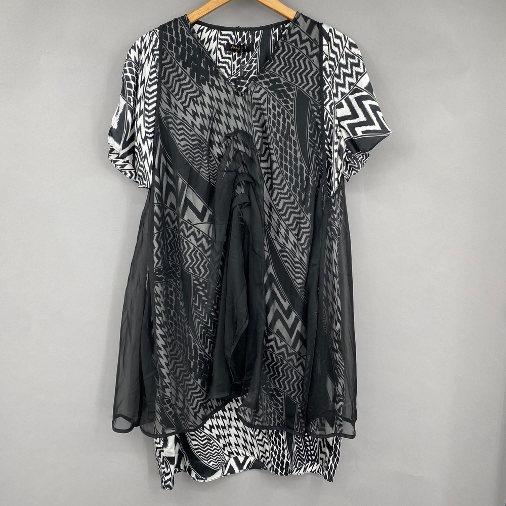 Jerry T Tunic Top Womens L Black White Geometric Sheer Layered Psychedelic Swirl